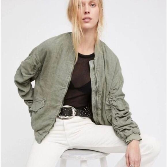 Free People Jackets & Blazers - Free People Ruched Linen Bomber Jacket Green Size M